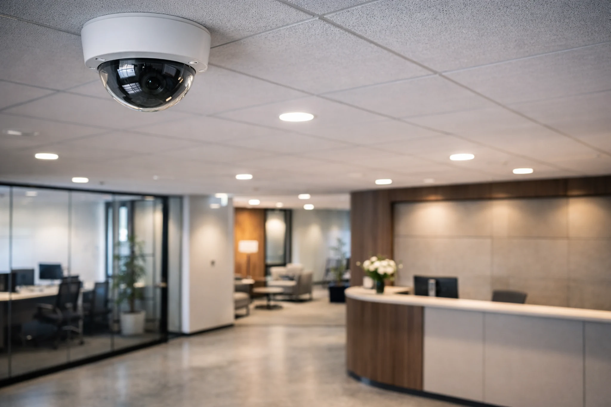 Купольная камера видеонаблюдения в современном офисном ресепшене