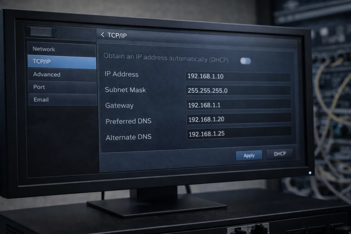 Настройки сети: IP-адрес, маска подсети и шлюз на экране