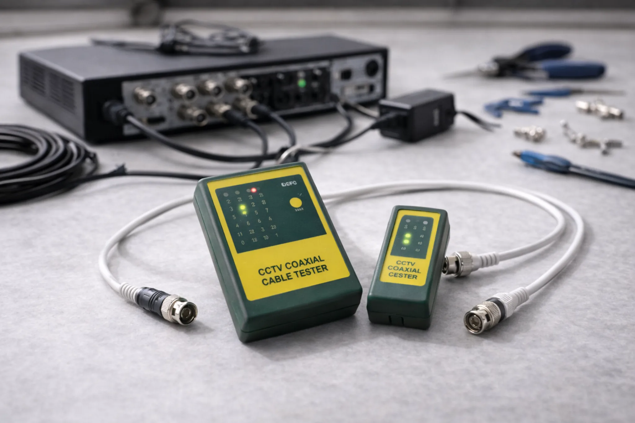 Диагностика системы видеонаблюдения на столе с мультиметром и листом проверки