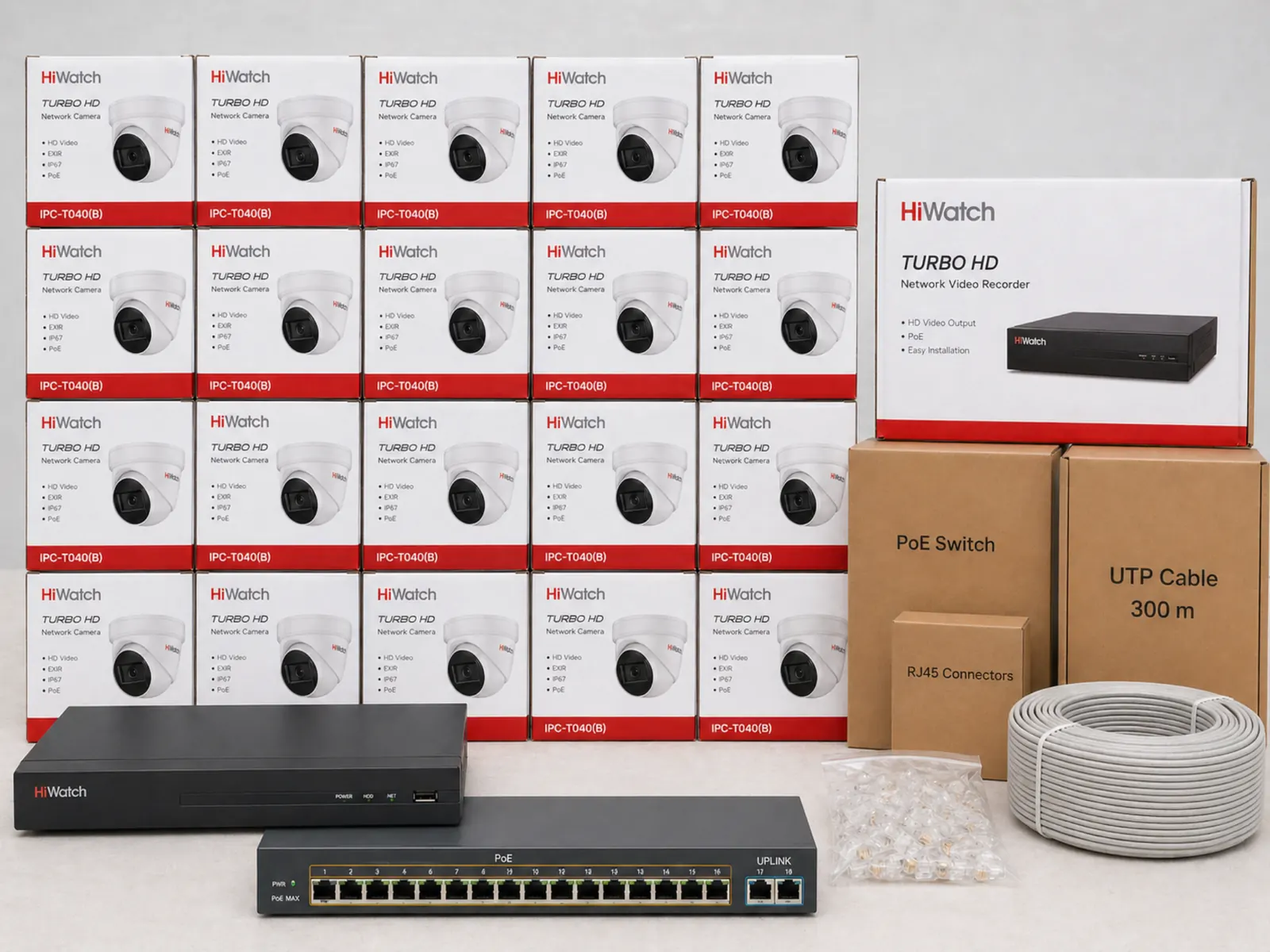 Комплект видеонаблюдения HiWatch на 16 камер: 16 камер IPC-T040(B), 16-канальный регистратор, 16-портовый PoE-свитч, кабель 300 м и коннекторы