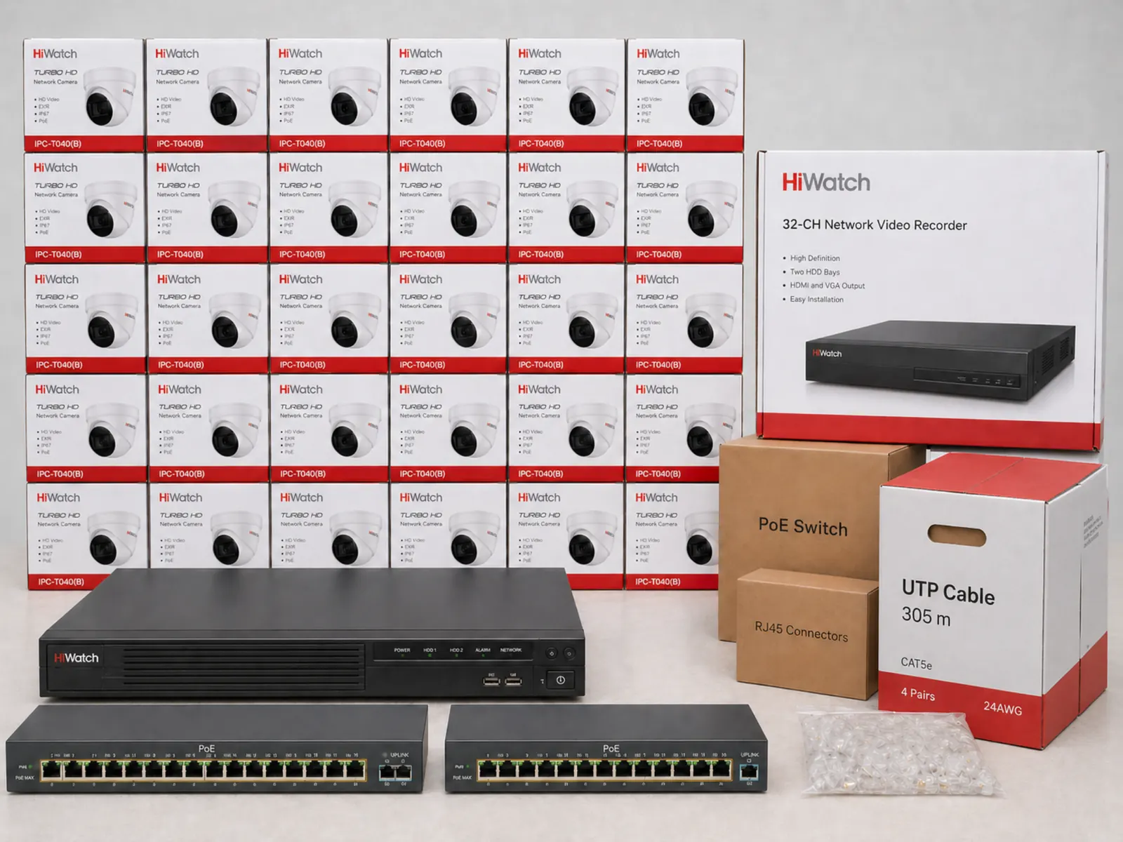 Комплект видеонаблюдения HiWatch на 32 камеры: 32 камеры IPC-T040(B), 32-канальный регистратор, два 16-портовых PoE-свитча, кабель 305 м и коннекторы