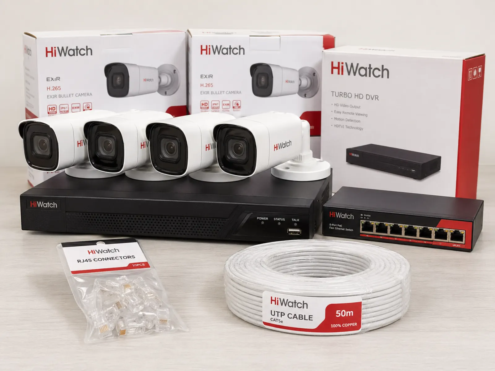 Вариант комплекта видеонаблюдения HiWatch на 4 уличные камеры с регистратором, PoE-свитчом, кабелем и коннекторами
