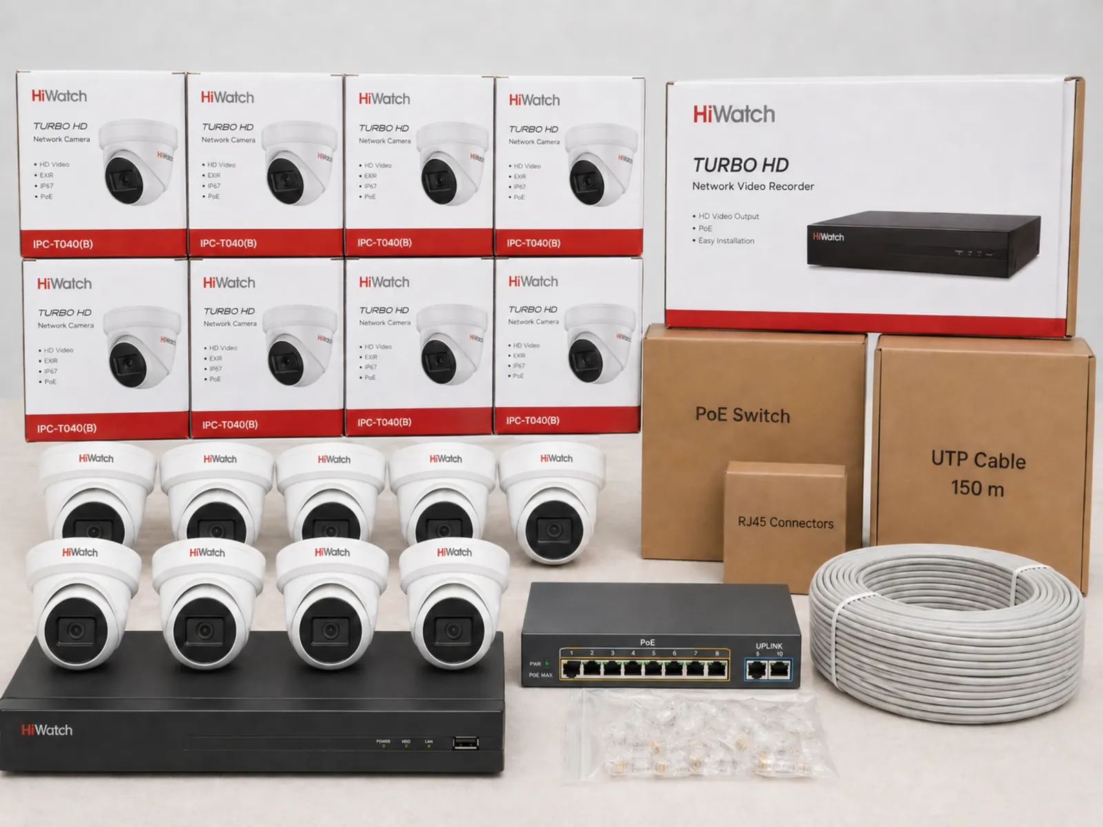 Комплект видеонаблюдения HiWatch на 8 камер: 8 камер IPC-T040(B), 8-канальный регистратор, PoE-свитч 8 PoE + 2 uplink, кабель и коннекторы