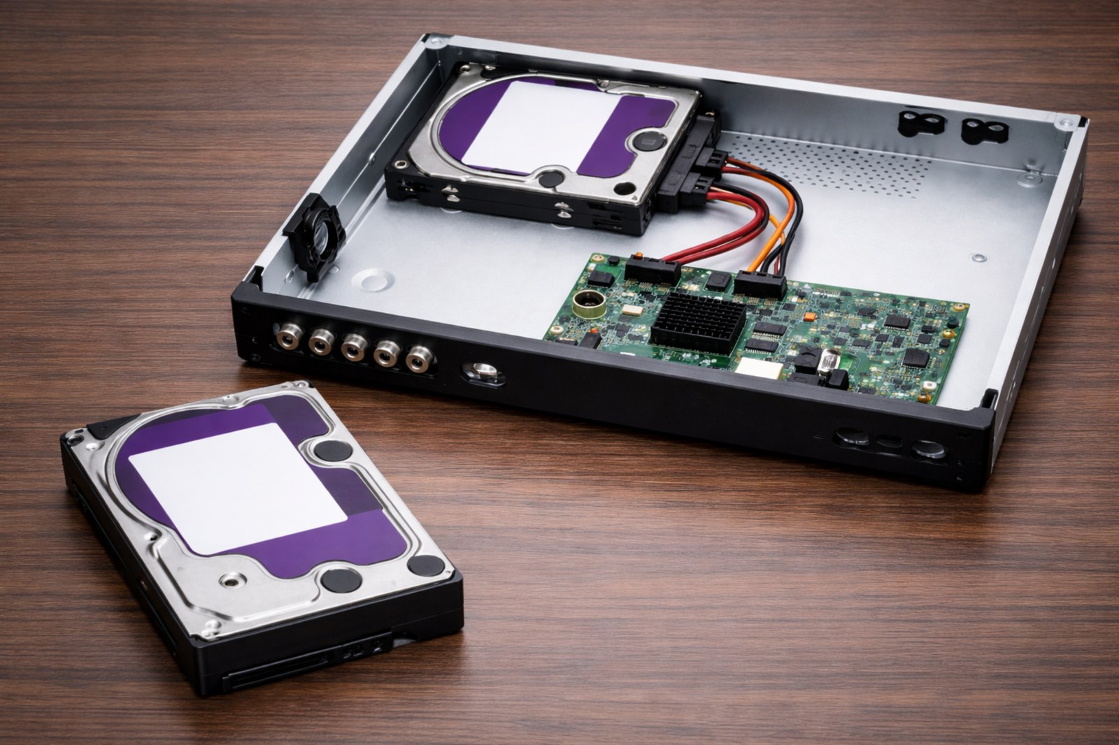 вскрытый регистратор и установленный диск