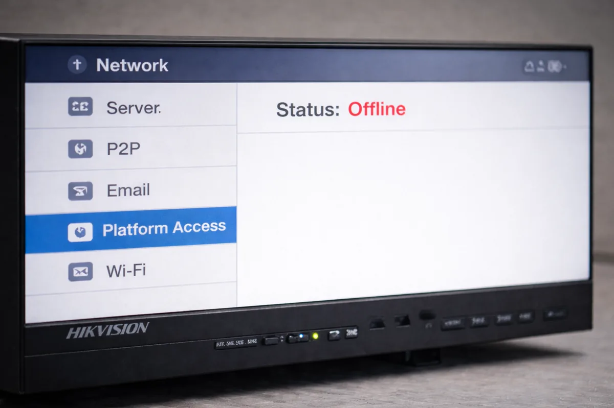 Экран регистратора Hikvision: Platform Access, статус Offline