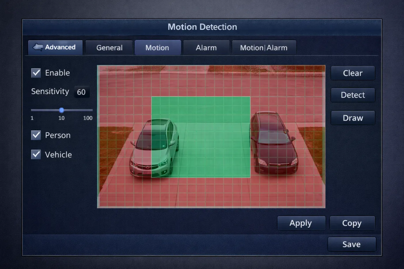 Настройка детекции движения: если зона не задана, запись по движению не пойдёт