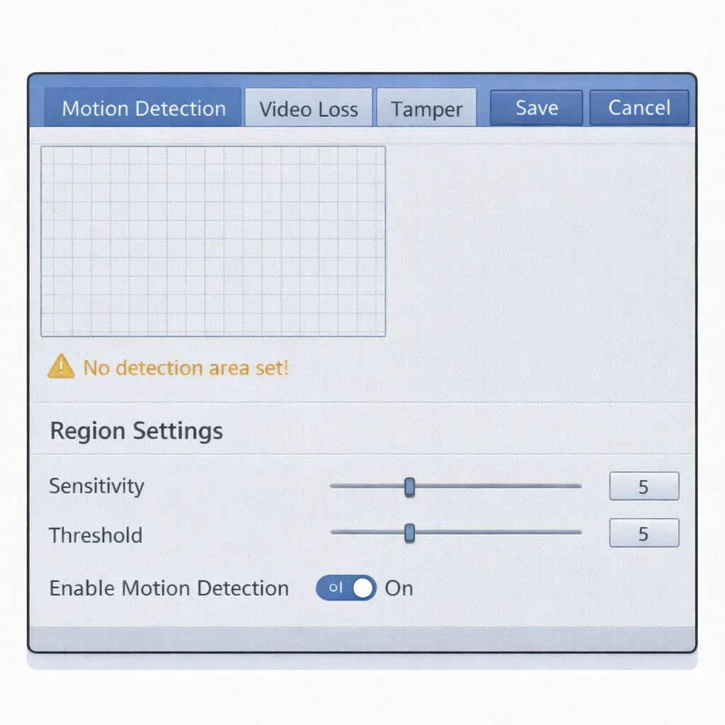 Детекция движения включена, но зона не задана — запись по движению не создаётся