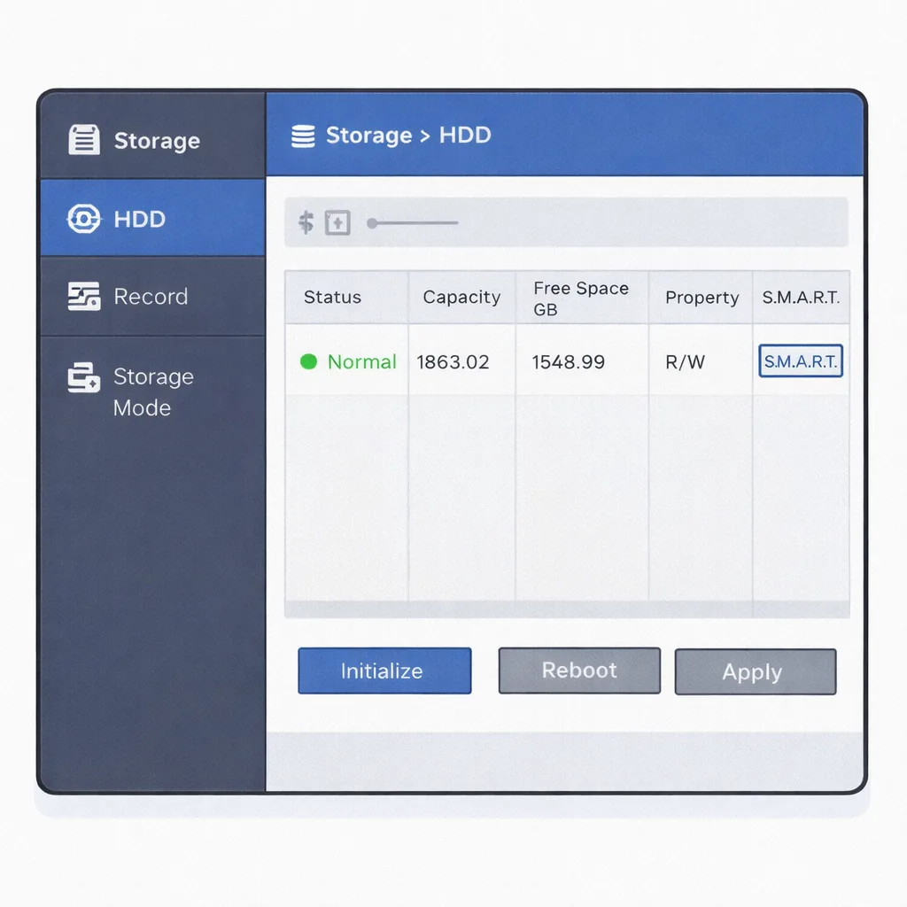 Меню Storage/HDD: статус диска и действия инициализации