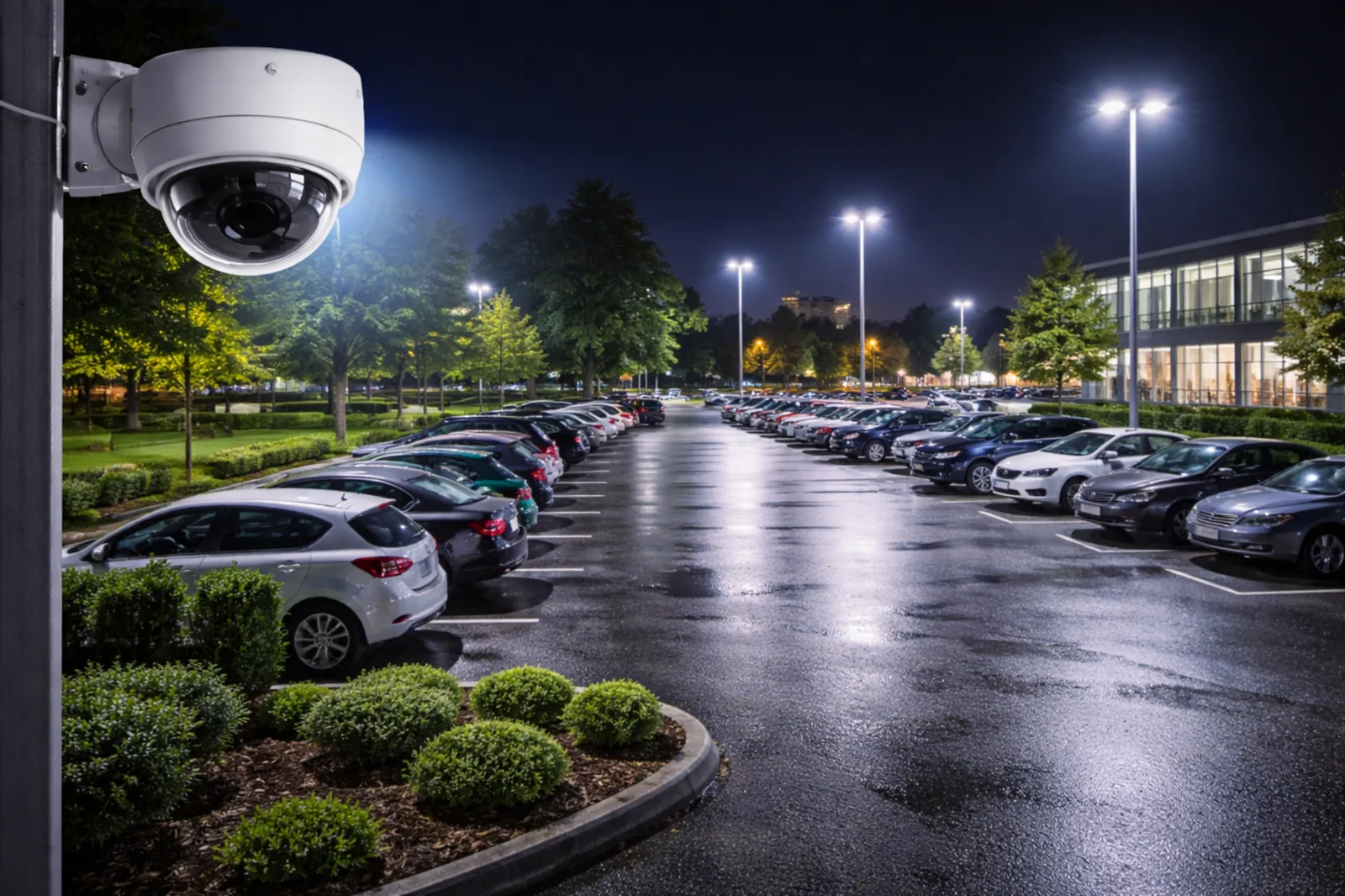 Камера видеонаблюдения на парковке ночью — контроль территории