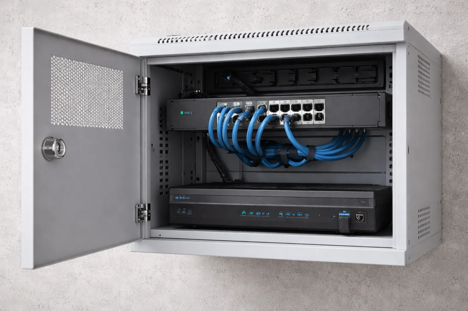 Видеорегистратор и PoE-коммутатор в шкафу — аккуратная сборка системы
