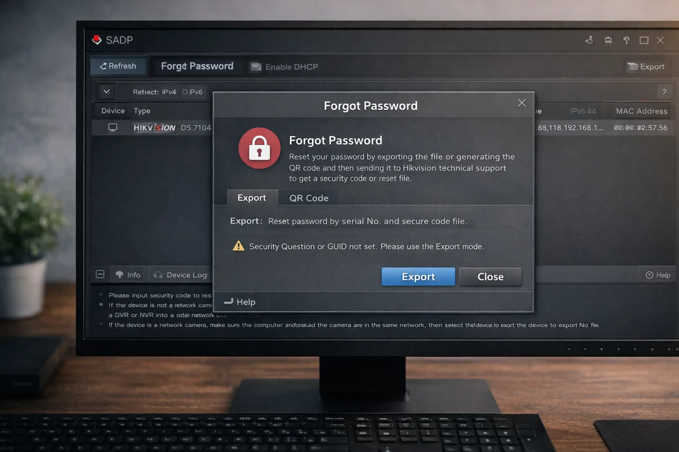 Окно Forgot Password в программе SADP