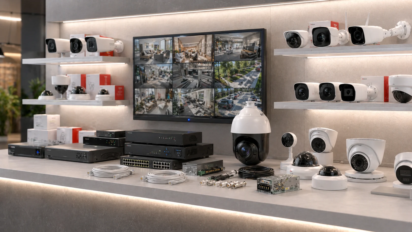 Витрина с готовым комплектом оборудования для видеонаблюдения: камеры, регистраторы, PoE, питание и кабели