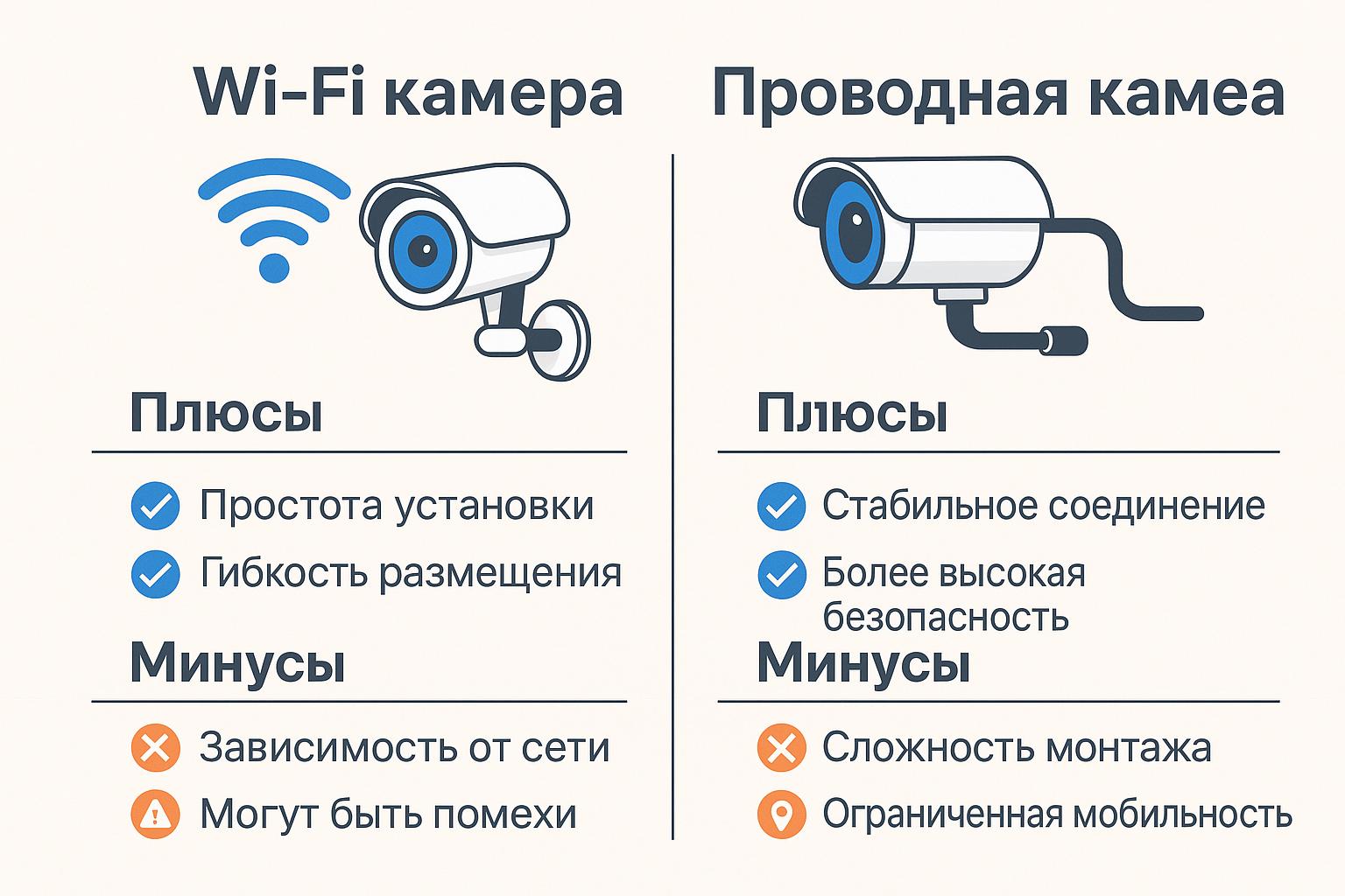 Инфографика: сравнение Wi-Fi и проводной камеры на русском языке